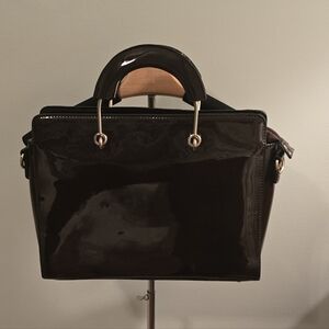 Elegant Dark Brown Patent Leather Handbag With Removable Shoulder Strap (1029)